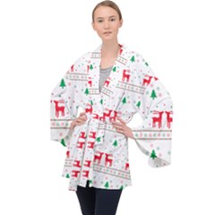 Red Green And Blue Christmas Themed Illustration Long Sleeve Velvet Kimono  by pakminggu