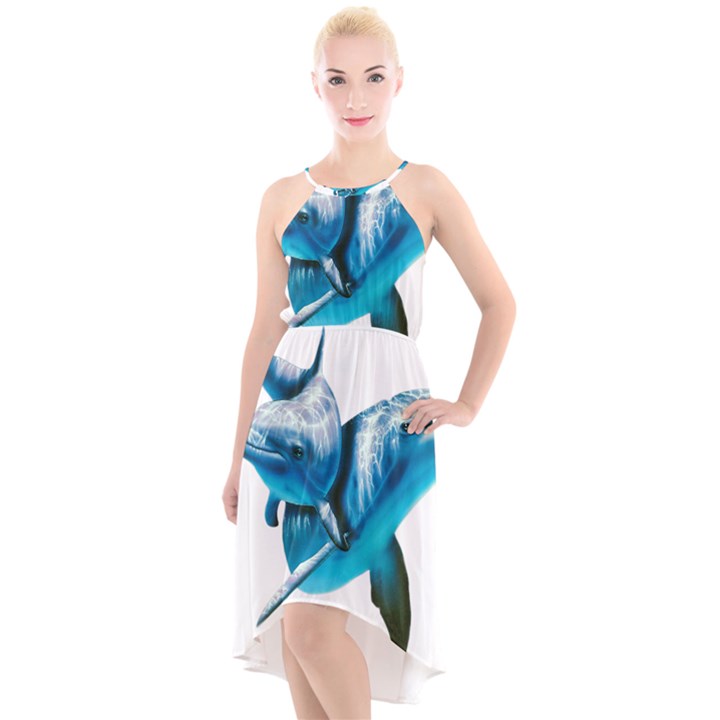 Two Dolphins Art Atlantic Dolphin Painting Animal Marine Mammal High-Low Halter Chiffon Dress 