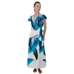 Two Dolphins Art Atlantic Dolphin Painting Animal Marine Mammal Flutter Sleeve Maxi Dress by pakminggu