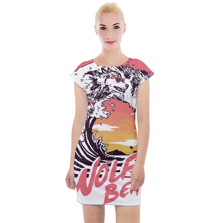 Gray Wolf Beach Waves A Wolf Animal Retro Cap Sleeve Bodycon Dress