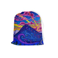 Psychedelic Colorful Lines Nature Mountain Trees Snowy Peak Moon Sun Rays Hill Road Artwork Stars Drawstring Pouch (large) by pakminggu