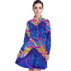 Psychedelic Colorful Lines Nature Mountain Trees Snowy Peak Moon Sun Rays Hill Road Artwork Stars Long Sleeve Chiffon Shirt Dress