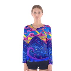 Psychedelic Colorful Lines Nature Mountain Trees Snowy Peak Moon Sun Rays Hill Road Artwork Stars Women s Long Sleeve Tee