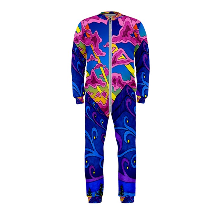 Psychedelic Colorful Lines Nature Mountain Trees Snowy Peak Moon Sun Rays Hill Road Artwork Stars OnePiece Jumpsuit (Kids)