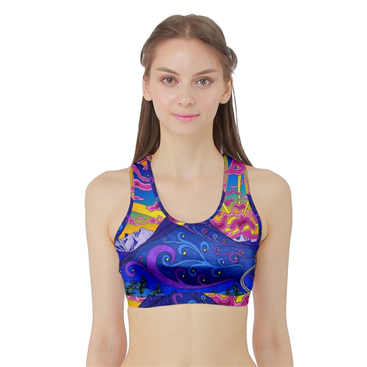 Psychedelic Colorful Lines Nature Mountain Trees Snowy Peak Moon Sun Rays Hill Road Artwork Stars Sports Bra with Border