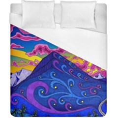 Psychedelic Colorful Lines Nature Mountain Trees Snowy Peak Moon Sun Rays Hill Road Artwork Stars Duvet Cover (california King Size) by pakminggu