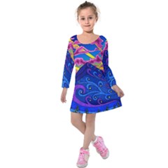 Psychedelic Colorful Lines Nature Mountain Trees Snowy Peak Moon Sun Rays Hill Road Artwork Stars Kids  Long Sleeve Velvet Dress by pakminggu