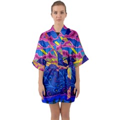 Psychedelic Colorful Lines Nature Mountain Trees Snowy Peak Moon Sun Rays Hill Road Artwork Stars Half Sleeve Satin Kimono  by pakminggu