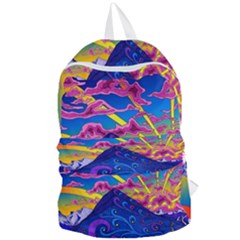 Psychedelic Colorful Lines Nature Mountain Trees Snowy Peak Moon Sun Rays Hill Road Artwork Stars Foldable Lightweight Backpack by pakminggu