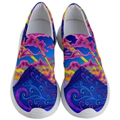 Psychedelic Colorful Lines Nature Mountain Trees Snowy Peak Moon Sun Rays Hill Road Artwork Stars Women s Lightweight Slip Ons by pakminggu