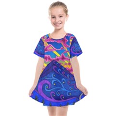 Psychedelic Colorful Lines Nature Mountain Trees Snowy Peak Moon Sun Rays Hill Road Artwork Stars Kids  Smock Dress by pakminggu