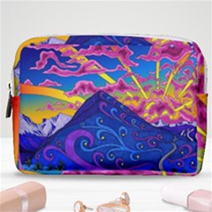 Psychedelic Colorful Lines Nature Mountain Trees Snowy Peak Moon Sun Rays Hill Road Artwork Stars Make Up Pouch (medium) by pakminggu