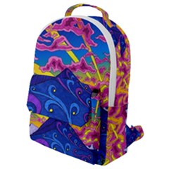 Psychedelic Colorful Lines Nature Mountain Trees Snowy Peak Moon Sun Rays Hill Road Artwork Stars Flap Pocket Backpack (small) by pakminggu