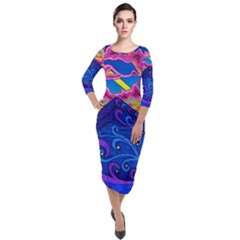 Psychedelic Colorful Lines Nature Mountain Trees Snowy Peak Moon Sun Rays Hill Road Artwork Stars Quarter Sleeve Midi Velour Bodycon Dress