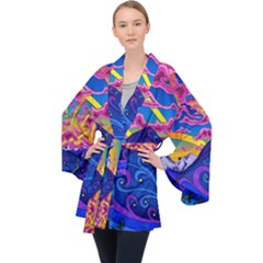 Psychedelic Colorful Lines Nature Mountain Trees Snowy Peak Moon Sun Rays Hill Road Artwork Stars Long Sleeve Velvet Kimono  by pakminggu