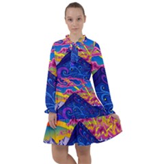 Psychedelic Colorful Lines Nature Mountain Trees Snowy Peak Moon Sun Rays Hill Road Artwork Stars All Frills Chiffon Dress