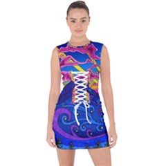 Psychedelic Colorful Lines Nature Mountain Trees Snowy Peak Moon Sun Rays Hill Road Artwork Stars Lace Up Front Bodycon Dress by pakminggu