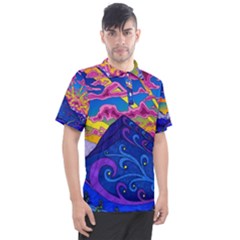 Psychedelic Colorful Lines Nature Mountain Trees Snowy Peak Moon Sun Rays Hill Road Artwork Stars Men s Polo Tee by pakminggu