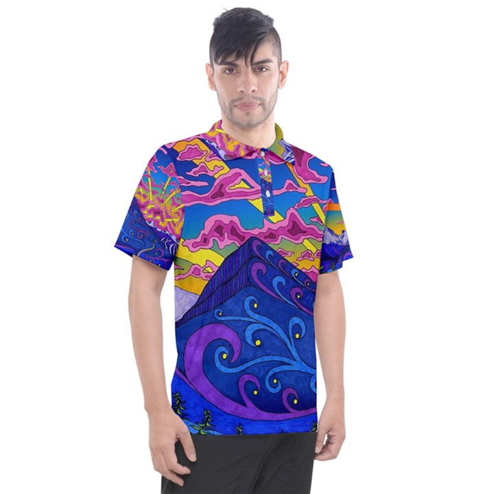 Psychedelic Colorful Lines Nature Mountain Trees Snowy Peak Moon Sun Rays Hill Road Artwork Stars Men s Polo Tee