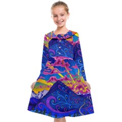 Psychedelic Colorful Lines Nature Mountain Trees Snowy Peak Moon Sun Rays Hill Road Artwork Stars Kids  Midi Sailor Dress by pakminggu