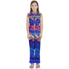 Psychedelic Colorful Lines Nature Mountain Trees Snowy Peak Moon Sun Rays Hill Road Artwork Stars Kids  Sleeveless Ruffle Edge Band Collar Chiffon One Piece by pakminggu