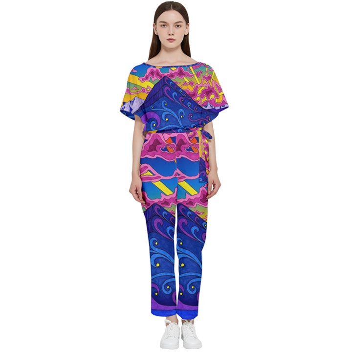 Psychedelic Colorful Lines Nature Mountain Trees Snowy Peak Moon Sun Rays Hill Road Artwork Stars Batwing Lightweight Chiffon Jumpsuit