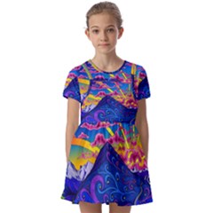 Psychedelic Colorful Lines Nature Mountain Trees Snowy Peak Moon Sun Rays Hill Road Artwork Stars Kids  Short Sleeve Pinafore Style Dress by pakminggu