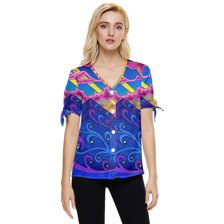 Psychedelic Colorful Lines Nature Mountain Trees Snowy Peak Moon Sun Rays Hill Road Artwork Stars Bow Sleeve Button Up Top