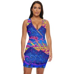 Psychedelic Colorful Lines Nature Mountain Trees Snowy Peak Moon Sun Rays Hill Road Artwork Stars Draped Bodycon Dress by pakminggu