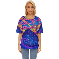 Psychedelic Colorful Lines Nature Mountain Trees Snowy Peak Moon Sun Rays Hill Road Artwork Stars Oversized Basic Tee by pakminggu