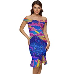 Psychedelic Colorful Lines Nature Mountain Trees Snowy Peak Moon Sun Rays Hill Road Artwork Stars Off Shoulder Ruffle Split Hem Bodycon Dress by pakminggu