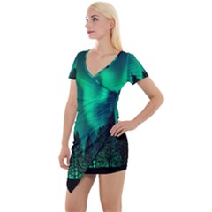 Aurora Northern Lights Phenomenon Atmosphere Sky Short Sleeve Asymmetric Mini Dress by pakminggu