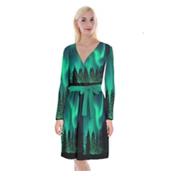 Aurora Northern Lights Phenomenon Atmosphere Sky Long Sleeve Velvet Front Wrap Dress by pakminggu