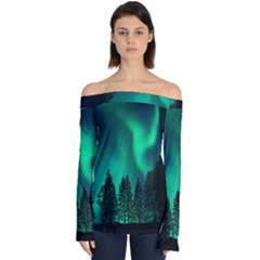 Aurora Northern Lights Phenomenon Atmosphere Sky Off Shoulder Long Sleeve Top by pakminggu