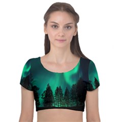 Aurora Northern Lights Phenomenon Atmosphere Sky Velvet Short Sleeve Crop Top  by pakminggu