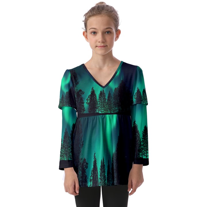 Aurora Northern Lights Phenomenon Atmosphere Sky Kids  V Neck Casual Top