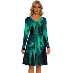 Aurora Northern Lights Phenomenon Atmosphere Sky Long Sleeve Dress With Pocket by pakminggu