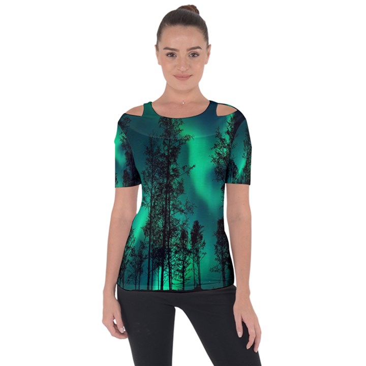 Aurora Northern Lights Celestial Magical Astronomy Shoulder Cut Out Short Sleeve Top