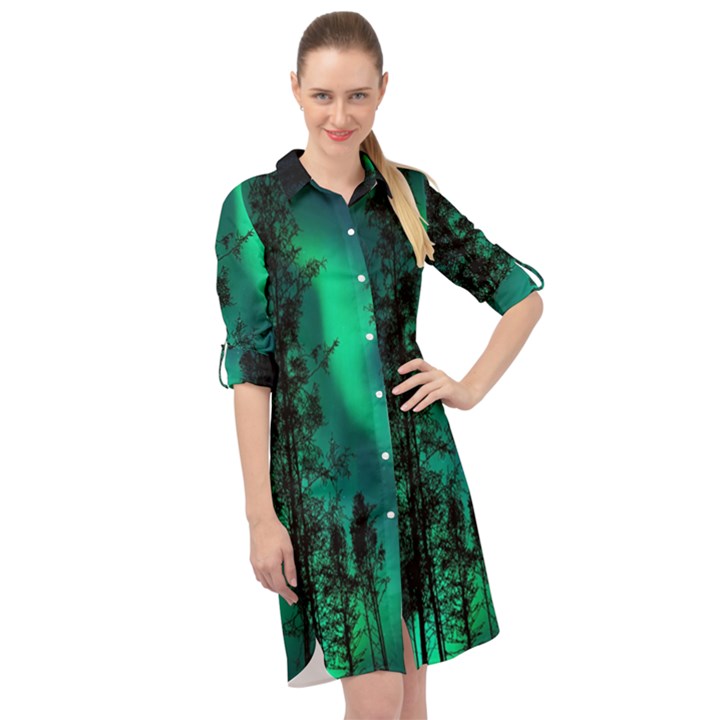 Aurora Northern Lights Celestial Magical Astronomy Long Sleeve Mini Shirt Dress