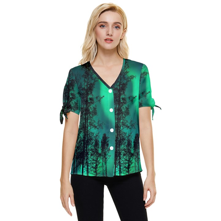 Aurora Northern Lights Celestial Magical Astronomy Bow Sleeve Button Up Top