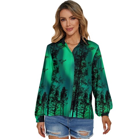 Aurora Northern Lights Celestial Magical Astronomy Women s Long Sleeve Button Up Shirt by pakminggu