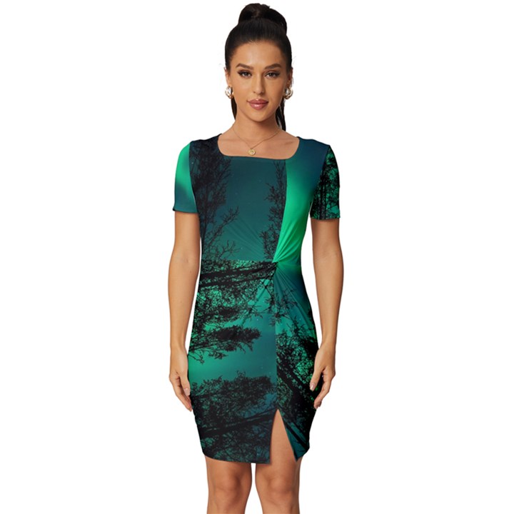 Aurora Northern Lights Celestial Magical Astronomy Fitted Knot Split End Bodycon Dress