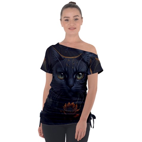 Art Cat Drawing Mammal Animal Feline Off Shoulder Tie-up Tee by pakminggu