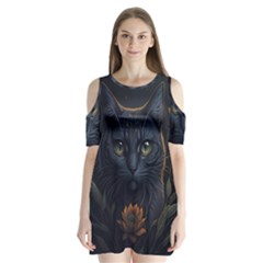 Art Cat Drawing Mammal Animal Feline Shoulder Cutout Velvet One Piece by pakminggu