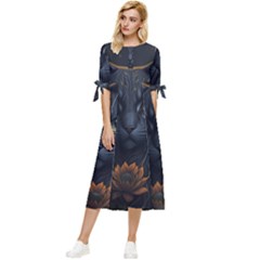 Art Cat Drawing Mammal Animal Feline Bow Sleeve Chiffon Midi Dress by pakminggu