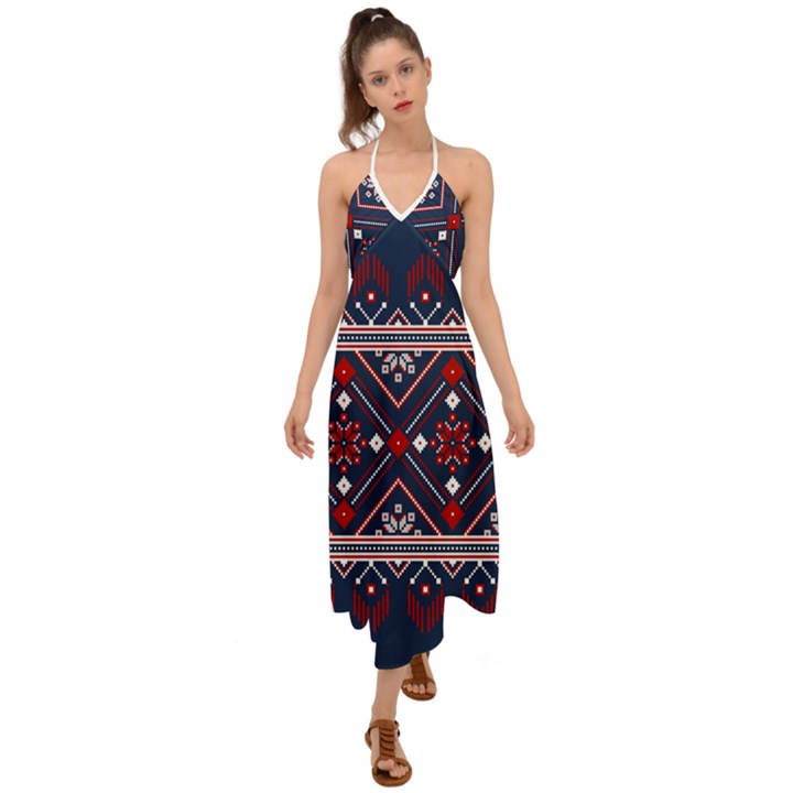 Ukrainian Folk Seamless Pattern Ornament Halter Tie Back Dress 