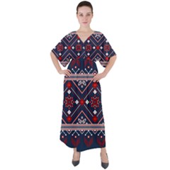 Ukrainian Folk Seamless Pattern Ornament V-neck Boho Style Maxi Dress by pakminggu