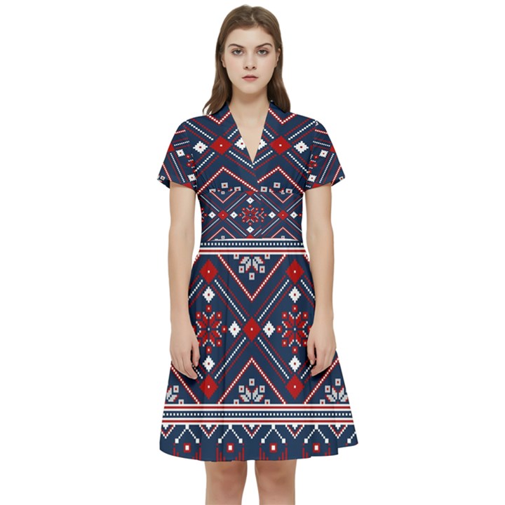 Ukrainian Folk Seamless Pattern Ornament Short Sleeve Waist Detail Dress