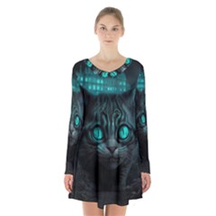 Angry Cat Fantasy Long Sleeve Velvet V-neck Dress