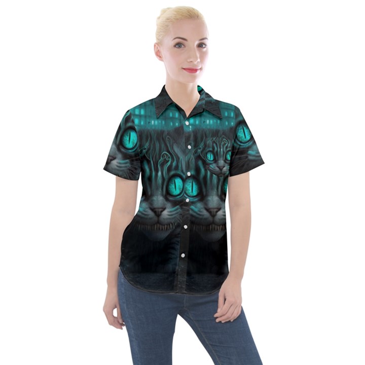 Angry Cat Fantasy Women s Short Sleeve Pocket Shirt